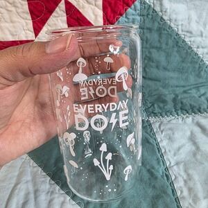 Everyday Dose Mushroom Coffee Glass Can Cup White Graphics‎ Clear 16oz